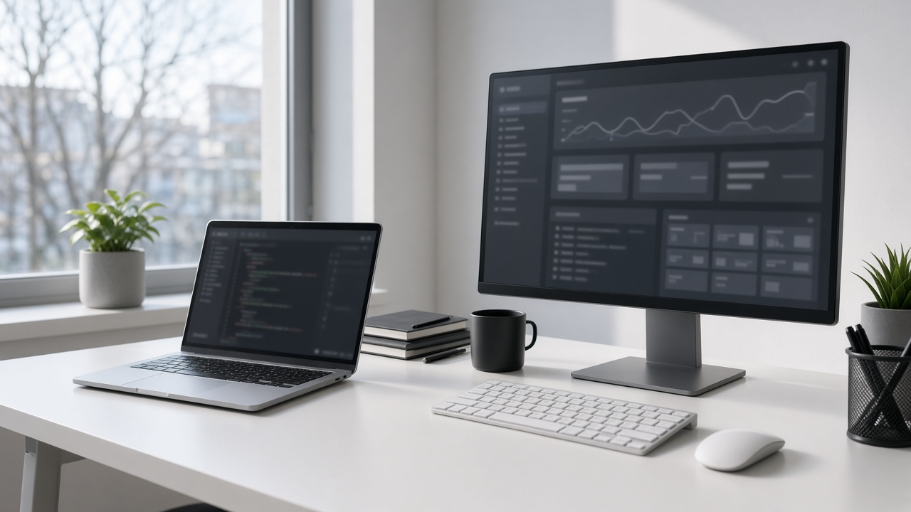 A laptop and a monitor on an engineering desk, screens blurred