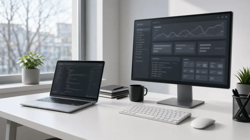 A laptop and a monitor on an engineering desk, screens blurred